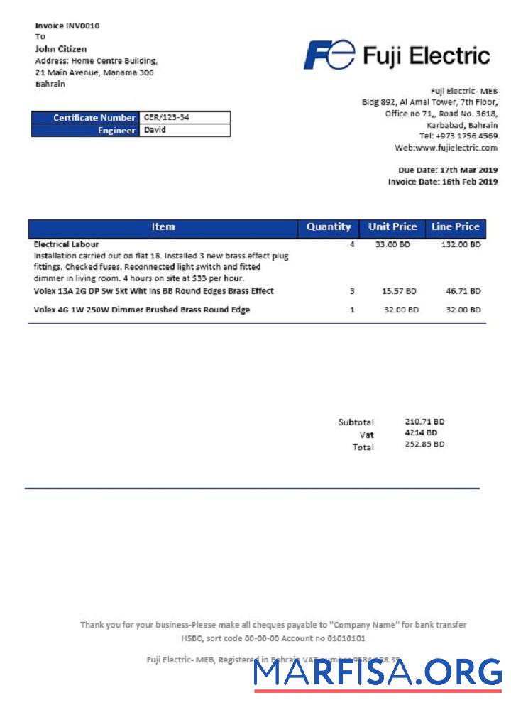 Printable Bahrain Falcon Electrical S.P.C electricity utility bill sample